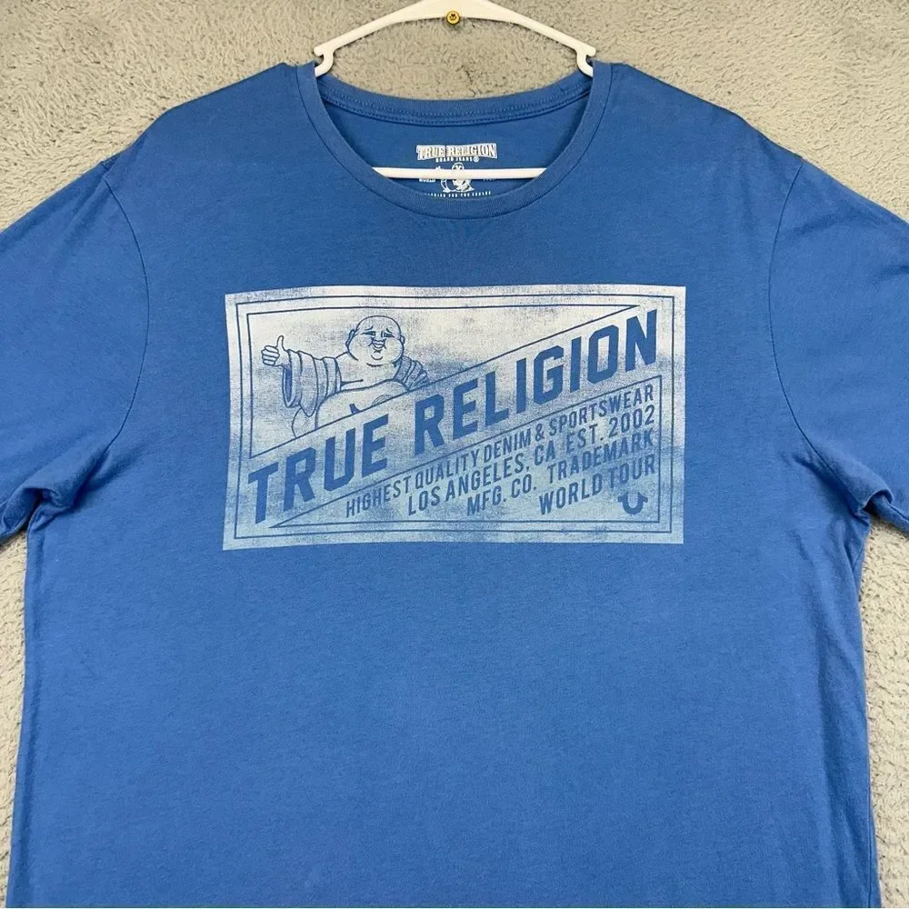 True Religion Shirt Mens Large Blue Box Budha CRW NK Front Logo Rock‎ Hipster